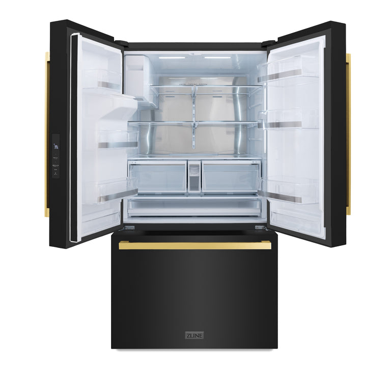 ZLINE Autograph 36" 28.9 cu. ft. Standard-Depth Refrigerator with Water Dispenser, Dual Ice Maker in Black with Gold Square Handles