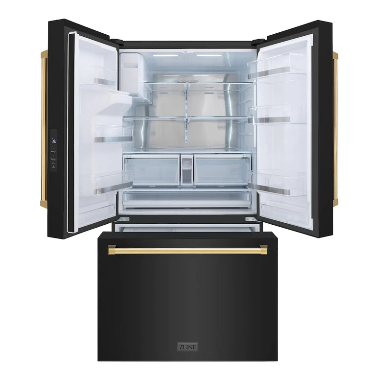 ZLINE Autograph 36" 28.9 cu. ft. Standard-Depth Refrigerator with Water Dispenser, Dual Ice Maker in Black with Gold Handles