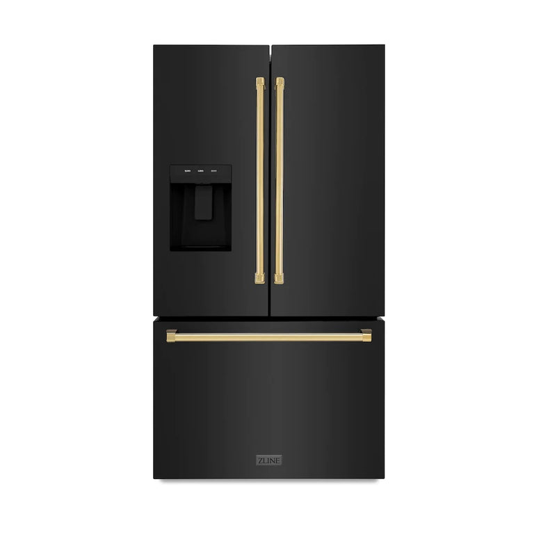 ZLINE Autograph 36" 28.9 cu. ft. Standard-Depth Refrigerator with Water Dispenser, Dual Ice Maker in Black with Gold Handles