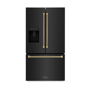 ZLINE Autograph 36" 28.9 cu. ft. Standard-Depth French Door External Water Dispenser Refrigerator with Dual Ice Maker in Fingerprint-Resistant Black Stainless Steel and Champagne Bronze Helix Handles, RSMZ-W36-BS-KCB