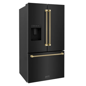 ZLINE Autograph 36" 28.9 cu. ft. Standard-Depth French Door External Water Dispenser Refrigerator with Dual Ice Maker in Fingerprint-Resistant Black Stainless Steel and Champagne Bronze Helix Handles, RSMZ-W36-BS-KCB
