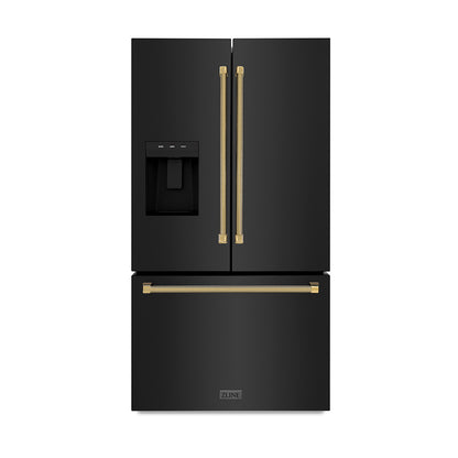 ZLINE Autograph 36" 28.9 cu. ft. Standard-Depth French Door External Water Dispenser Refrigerator with Dual Ice Maker in Fingerprint-Resistant Black Stainless Steel and Polished Gold Helix Handles, RSMZ-W-36-BS-KG