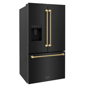 ZLINE Autograph 36" 28.9 cu. ft. Standard-Depth French Door External Water Dispenser Refrigerator with Dual Ice Maker in Fingerprint-Resistant Black Stainless Steel and Polished Gold Helix Handles, RSMZ-W-36-BS-KG