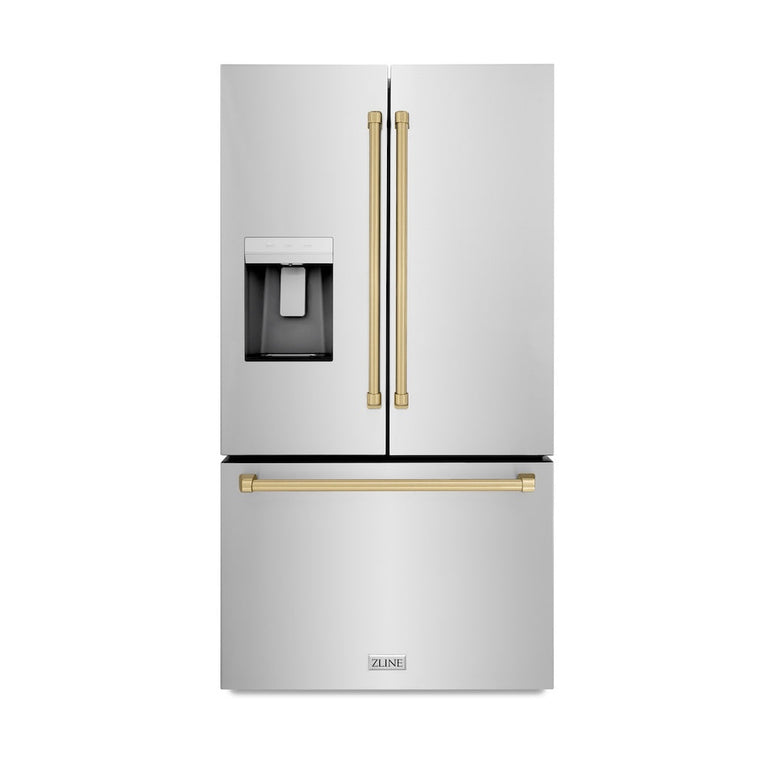 ZLINE Autograph 36" 28.9 cu. ft. Standard-Depth Refrigerator with Water Dispenser, Dual Ice Maker in Stainless Steel with Champagne Bronze Handles