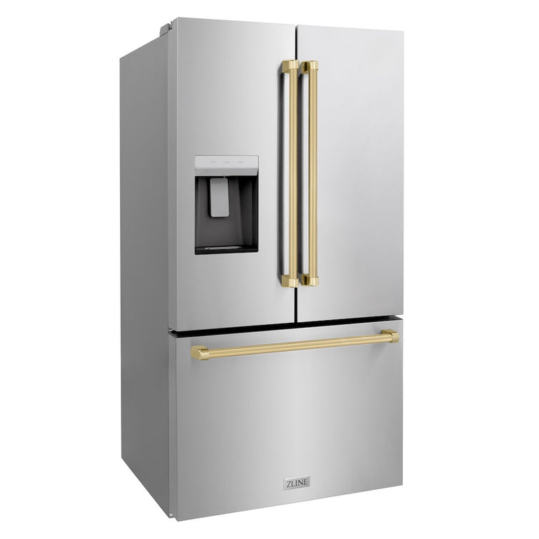 ZLINE Autograph 36" 28.9 cu. ft. Standard-Depth Refrigerator with Water Dispenser, Dual Ice Maker in Stainless Steel with Champagne Bronze Handles