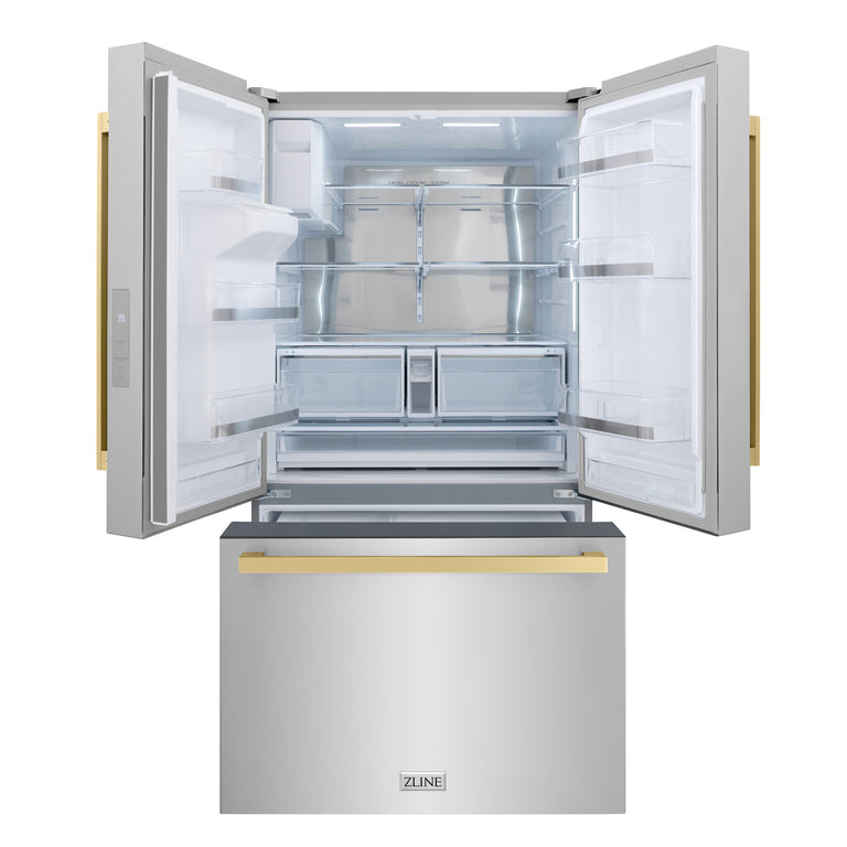 ZLINE 36" Autograph 28.9 cu. ft. Standard-Depth Refrigerator with Water Dispenser, Dual Ice Maker in Stainless Steel with Bronze Square Handles