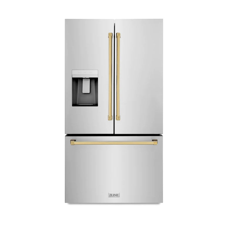 ZLINE Autograph 36" 28.9 cu. ft. Standard-Depth Refrigerator with Water Dispenser, Dual Ice Maker in Stainless Steel with Gold Handles