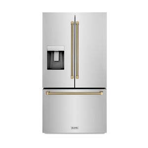 ZLINE Autograph 36" 28.9 cu. ft. Standard-Depth French Door External Water Dispenser Refrigerator with Dual Ice Maker in Fingerprint-Resistant Stainless Steel and Champagne Bronze Helix Handles, RSMZ-W-36-KCB