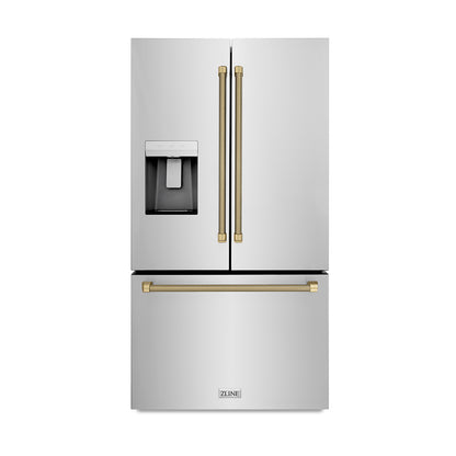 ZLINE Autograph 36" 28.9 cu. ft. Standard-Depth French Door External Water Dispenser Refrigerator with Dual Ice Maker in Fingerprint-Resistant Stainless Steel and Champagne Bronze Helix Handles, RSMZ-W-36-KCB