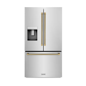 ZLINE Autograph 36" 28.9 cu. ft. Standard-Depth French Door External Water Dispenser Refrigerator with Dual Ice Maker in Fingerprint-Resistant Stainless Steel and Polished Gold Helix Handles, RSMZ-W-36-KG