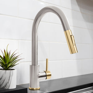 ZLINE Autograph Gemini Pull Down Single Handle Kitchen Faucet in Brushed Nickel and Champagne Bronze, GEM-KF-ZBNCB