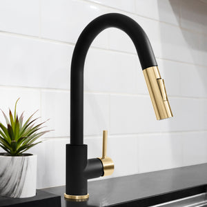 ZLINE Autograph Gemini Pull Down Single Handle Kitchen Faucet in Matte Black and Champagne Bronze, GEM-KF-ZMBCB