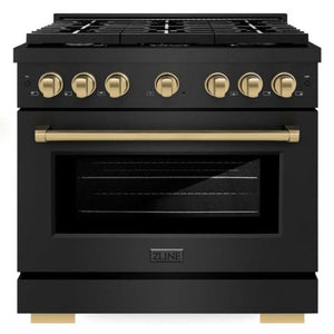 ZLINE Autograph Appliance Package - 36" Dual Fuel Range, Range Hood, 36" Refrigerator with Water/Ice Dispenser, 24" Microwave Drawer and Dishwasher in Black Stainless Steel with Champagne Bronze Accents