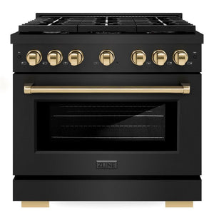 ZLINE Autograph Appliance Package - 36" Dual Fuel Range, Range Hood, 36" Refrigerator with Ice Maker, 24" Microwave Drawer and Dishwasher in Black Stainless Steel with Polished Gold Accents