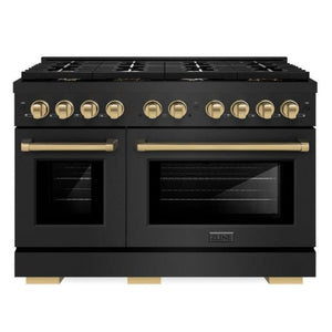ZLINE Autograph Appliance Package - 48" Dual Fuel Range, Range Hood, 36" Refrigerator with Ice Maker, 24" Microwave Drawer and Dishwasher in Black Stainless Steel with Champagne Bronze Accents