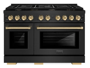 ZLINE Autograph Appliance Package - 48" Dual Fuel Range, Range Hood, 36" Refrigerator with Ice Maker, 24" Microwave Drawer and Dishwasher in Black Stainless Steel with Polished Gold Accents