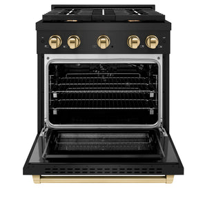 ZLINE Autograph Package - 30 In. Gas Range, Range Hood, Dishwasher in Black Stainless Steel with Gold Accent, 3AKP-RGBRHDWV30-G
