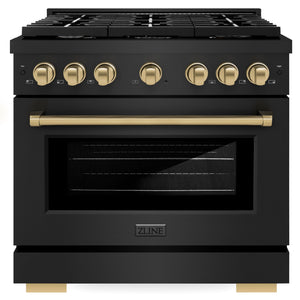 ZLINE Autograph Appliance Package - 36" Gas Range, Range Hood, 36" Refrigerator with Water/Ice Dispenser, 24" Microwave Drawer and Dishwasher in Black Stainless Steel with Champagne Bronze Accents