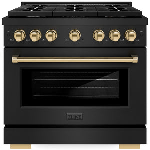 ZLINE Autograph Appliance Package - 36" Gas Range, Range Hood, 36" Refrigerator with Ice Maker, 24" Microwave Drawer and Dishwasher in Black Stainless Steel with Polished Gold Accents