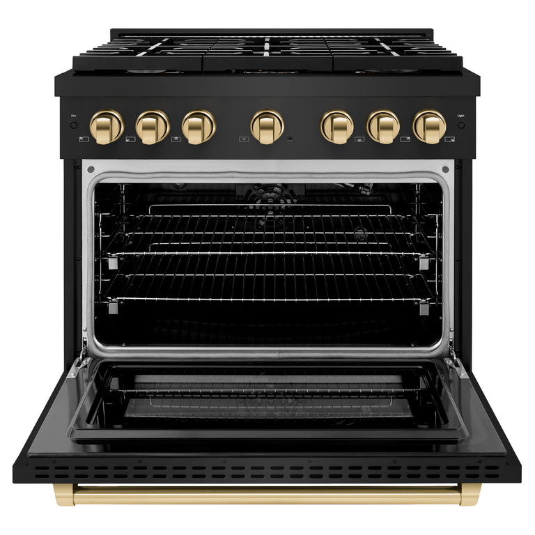 ZLINE Autograph 36" 5.2 cu. ft. Gas Range with Convection Gas Oven in Black Stainless Steel and Gold Accents, SGRBZ-36-G