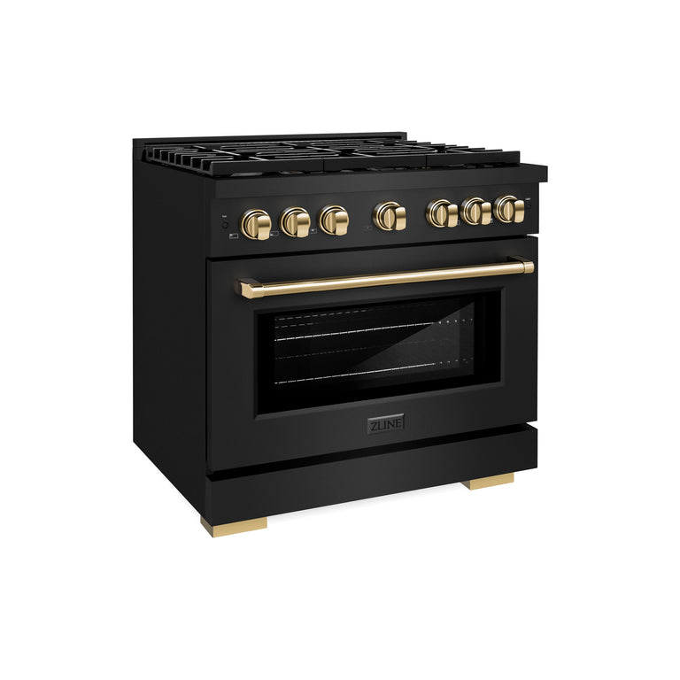 ZLINE Autograph Package - 36 In. Gas Range, Range Hood, Dishwasher in Black Stainless Steel with Gold Accents, 3AKP-RGBRHDWV36-G