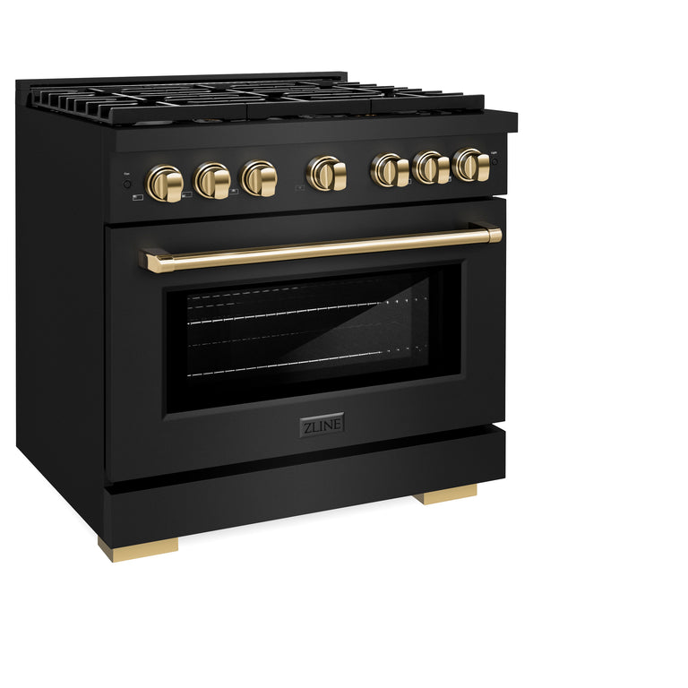 ZLINE Autograph 36" 5.2 cu. ft. Gas Range with Convection Gas Oven in Black Stainless Steel and Gold Accents, SGRBZ-36-G