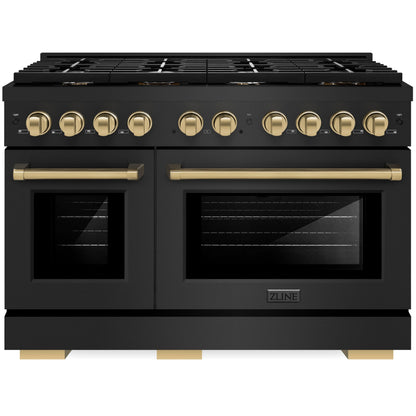 ZLINE Autograph 48" 6.7 cu. ft. Paramount Double Oven Gas Range in Black Stainless Steel and Bronze Accents, SGRBZ-48-CB