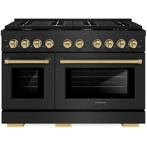 ZLINE Autograph Appliance Package - 48" Gas Range, Range Hood, 36" Refrigerator with Ice Maker, 24" Microwave Drawer and Dishwasher in Black Stainless Steel with Champagne Bronze Accents