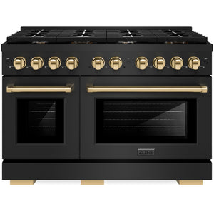 ZLINE Autograph Appliance Package - 48" Gas Range, Range Hood, 36" Refrigerator with Water/Ice Dispenser, 24" Microwave Drawer and Dishwasher in Black Stainless Steel with Polished Gold Accents
