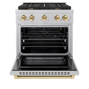 ZLINE Autograph 30" 4.2 cu. ft. Paramount Dual Fuel Range with 4 Burners in DuraSnow® Stainless Steel with Polished Gold Accents, SDRSZ-30-G
