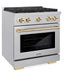ZLINE Autograph 30" 4.2 cu. ft. Paramount Dual Fuel Range with 4 Burners in DuraSnow® Stainless Steel with Polished Gold Accents, SDRSZ-30-G