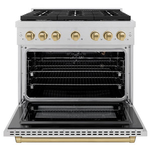 ZLINE Autograph 36" 5.2 cu. ft. Paramount Dual Fuel Range with 6 Burners in DuraSnow® Stainless Steel with Champagne Bronze Accents, SDRSZ-36-CB