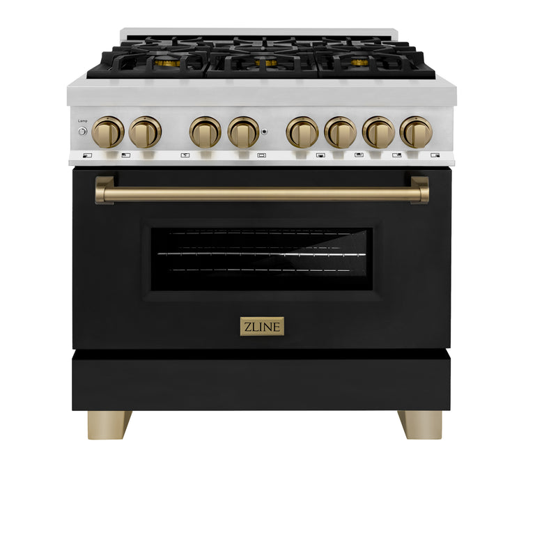 ZLINE Autograph 36" 4.6 cu. ft. Dual Fuel Range with Gas Stove and Electric Oven in Stainless Steel with Black Matte Door and Bronze Accents