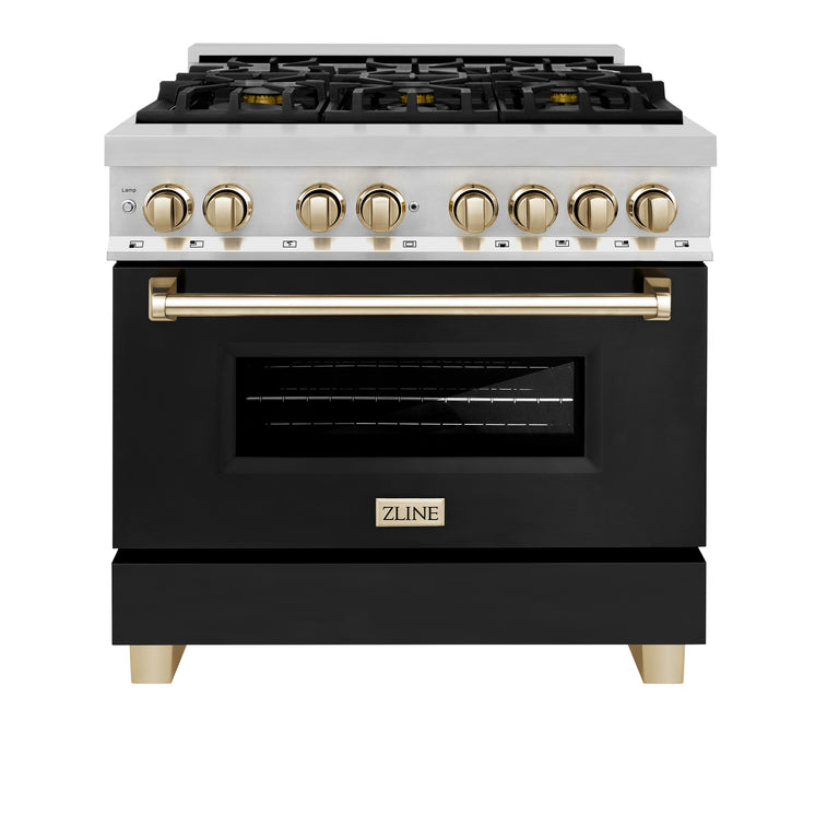 ZLINE Autograph 36" 4.6 cu. ft. Dual Fuel Range with Gas Stove and Electric Oven in Stainless Steel with Black Matte Door and Polished Gold Accents