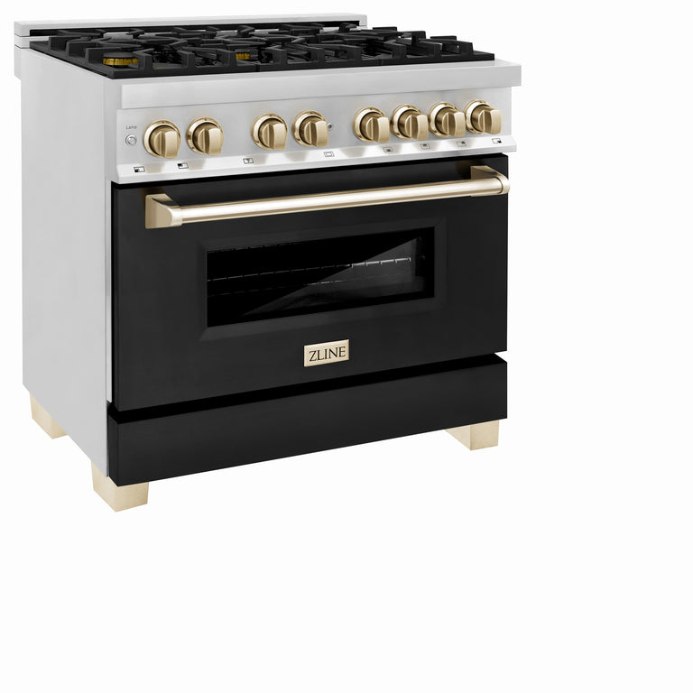 ZLINE Autograph 36" 4.6 cu. ft. Dual Fuel Range with Gas Stove and Electric Oven in Stainless Steel with Black Matte Door and Polished Gold Accents