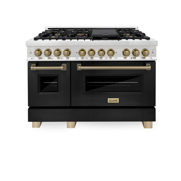 ZLINE Autograph 48" 6.0 cu. ft. Dual Fuel Range with Gas Stove and Electric Oven in Stainless Steel with Black Matte Door and Bronze Accents