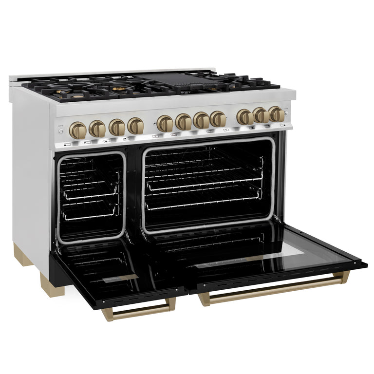 ZLINE Autograph 48" 6.0 cu. ft. Dual Fuel Range with Gas Stove and Electric Oven in Stainless Steel with Black Matte Door and Bronze Accents