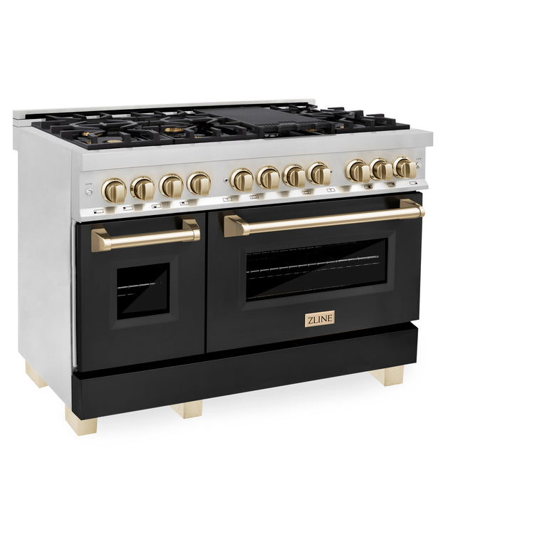 ZLINE Autograph 48" 6.0 cu. ft. Dual Fuel Range with Gas Stove and Electric Oven in Stainless Steel with Black Matte Door and Polished Gold Accents