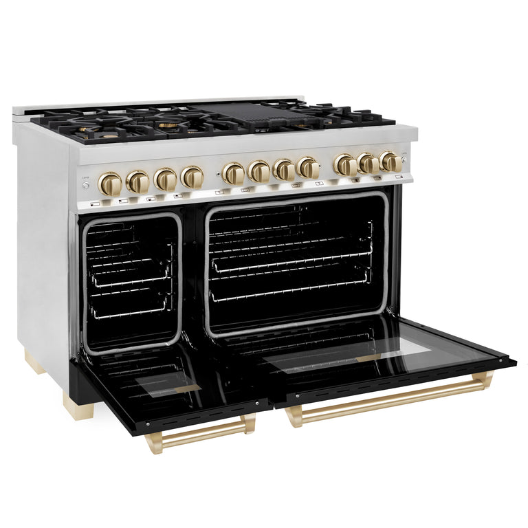 ZLINE Autograph 48" 6.0 cu. ft. Dual Fuel Range with Gas Stove and Electric Oven in Stainless Steel with Black Matte Door and Polished Gold Accents