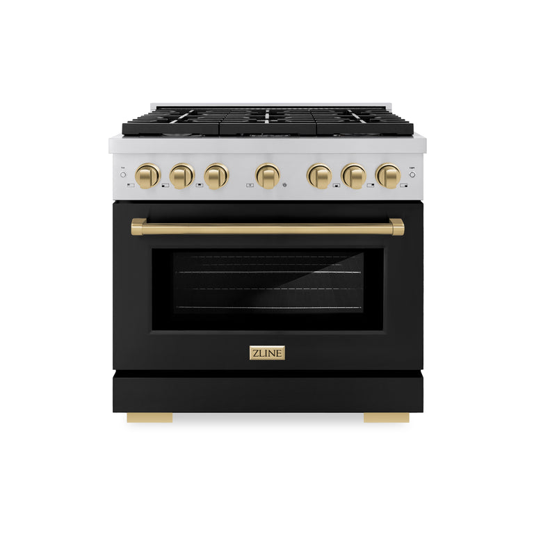 ZLINE Autograph 36" 5.2 cu. ft. Gas Range with Convection Gas Oven in Stainless Steel with Black Matte Door and Bronze Accents, SGRZ-BLM-36-CB