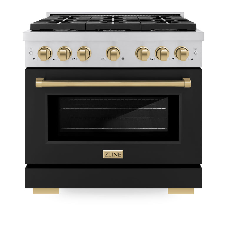 ZLINE Autograph 36" 5.2 cu. ft. Gas Range with Convection Gas Oven in Stainless Steel with Black Matte Door and Bronze Accents, SGRZ-BLM-36-CB