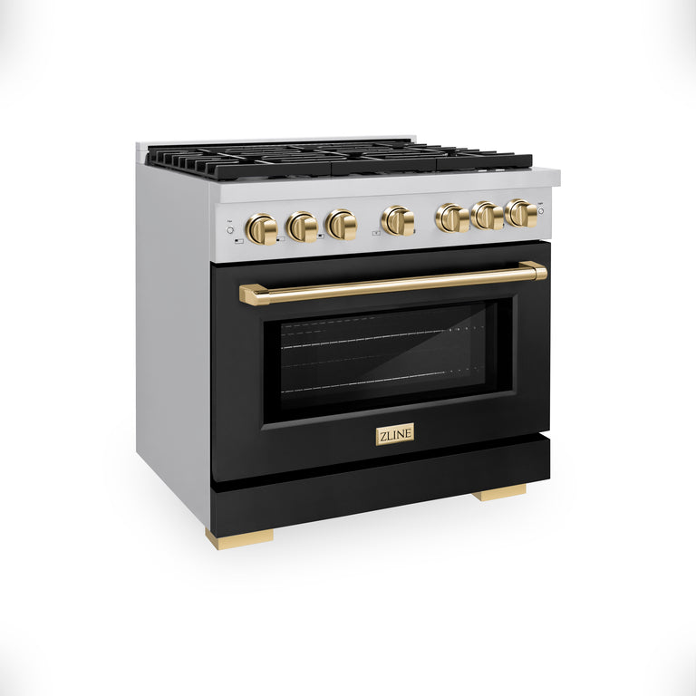 ZLINE Autograph 36" 5.2 cu. ft. Gas Range with Convection Gas Oven in Stainless Steel with Black Matte Door and Gold Accents, SGRZ-BLM-36-G