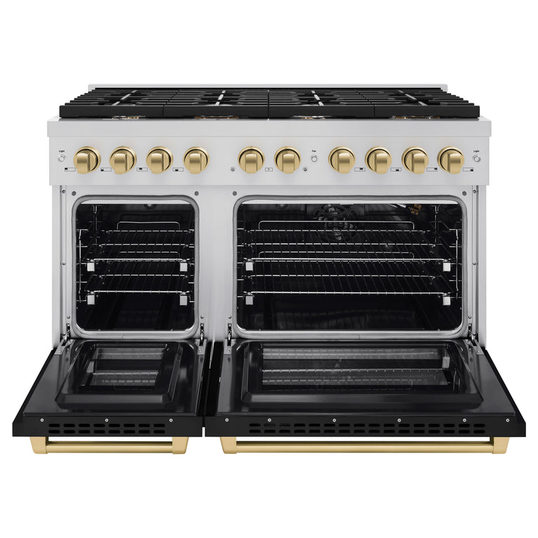 ZLINE Autograph 48" 6.7 cu. ft. Double Oven Gas Range in Stainless Steel with Black Matte Doors and Bronze Accents, SGRZ-BLM-48-CB