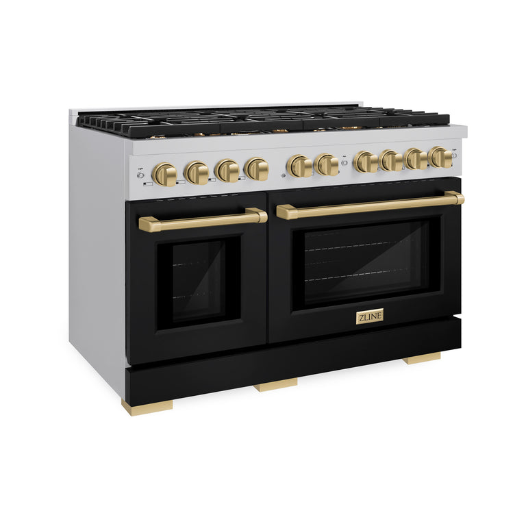 ZLINE Autograph 48" 6.7 cu. ft. Double Oven Gas Range in Stainless Steel with Black Matte Doors and Bronze Accents, SGRZ-BLM-48-CB