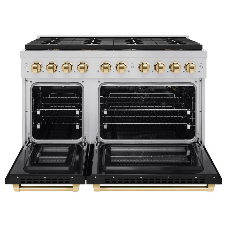 ZLINE Autograph 48" 6.7 cu. ft. Double Oven Gas Range in Stainless Steel with Black Matte Doors and Gold Accents, SGRZ-BLM-48-G