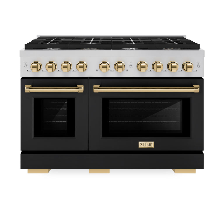 ZLINE Autograph 48" 6.7 cu. ft. Double Oven Gas Range in Stainless Steel with Black Matte Doors and Gold Accents, SGRZ-BLM-48-G