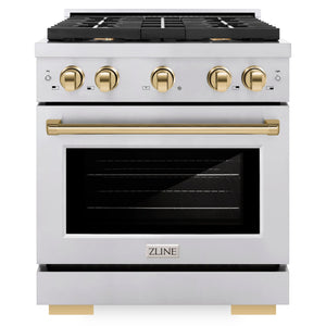 ZLINE Autograph Appliance Package - 30" Dual Fuel Range, Range Hood, 36" Refrigerator with Water/Ice Dispenser, 24" Microwave Drawer and Dishwasher in Stainless Steel with Polished Gold Accents