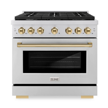 ZLINE Autograph 36" 5.2 cu. ft. Paramount Dual Fuel Range with 6 Burners in Stainless Steel with Polished Gold Accents, SDRZ-36-G