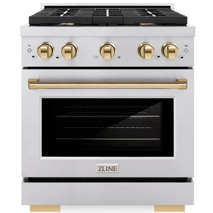 ZLINE Autograph Appliance Package - 30" Gas Range, Range Hood, 36" Refrigerator with Water/Ice Dispenser, 24" Microwave Drawer and Dishwasher in Stainless Steel with Polished Gold Accents