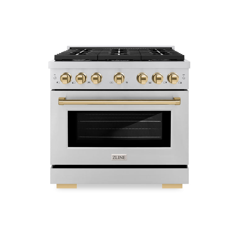 ZLINE Autograph 36" 5.2 cu. ft. Gas Range with Convection Gas Oven in Stainless Steel and Gold Accents, SGRZ-36-G